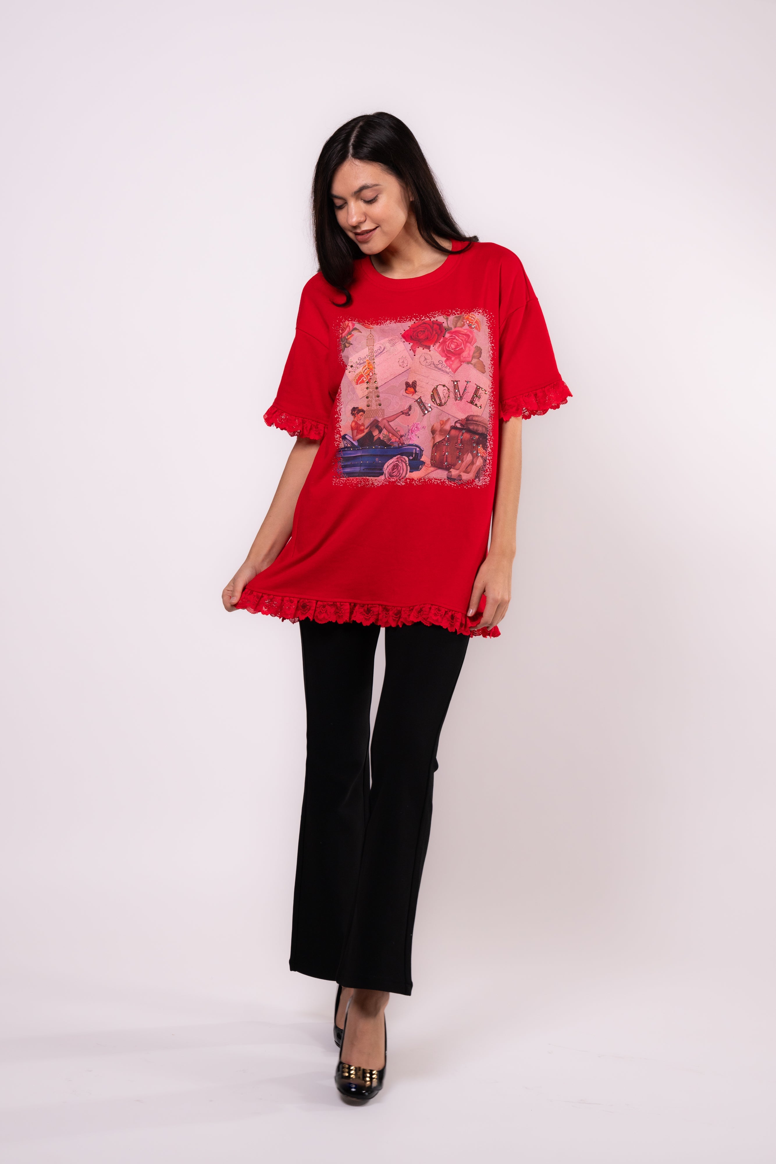 Brangio Parisian Love Lace-Trimmed Tee – Radiant Red