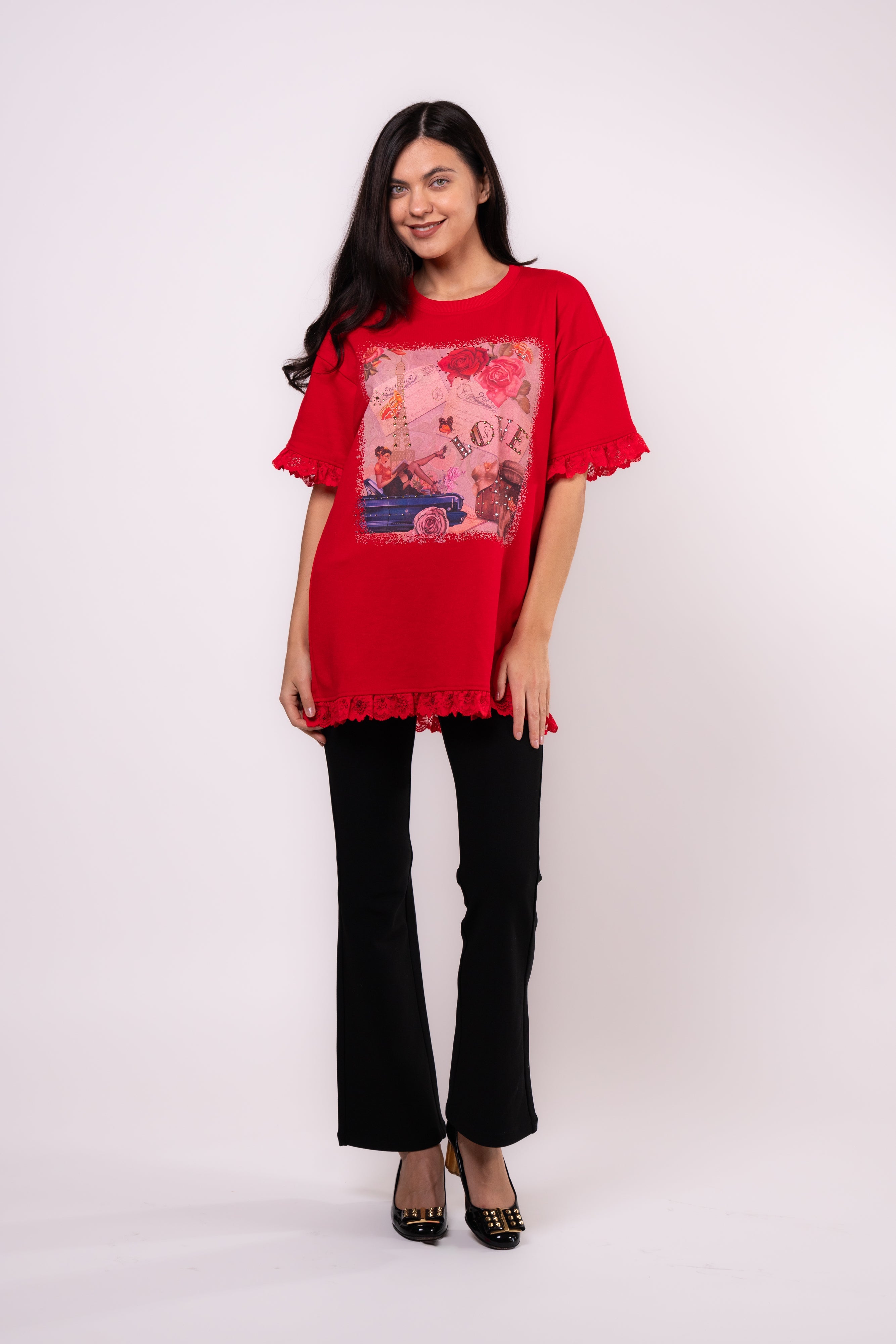 Brangio Parisian Love Lace-Trimmed Tee – Radiant Red