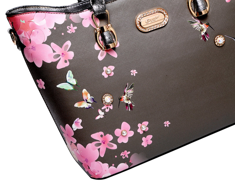 Hummingbird Bloom Vegan Leather Handle Bag + Wallet